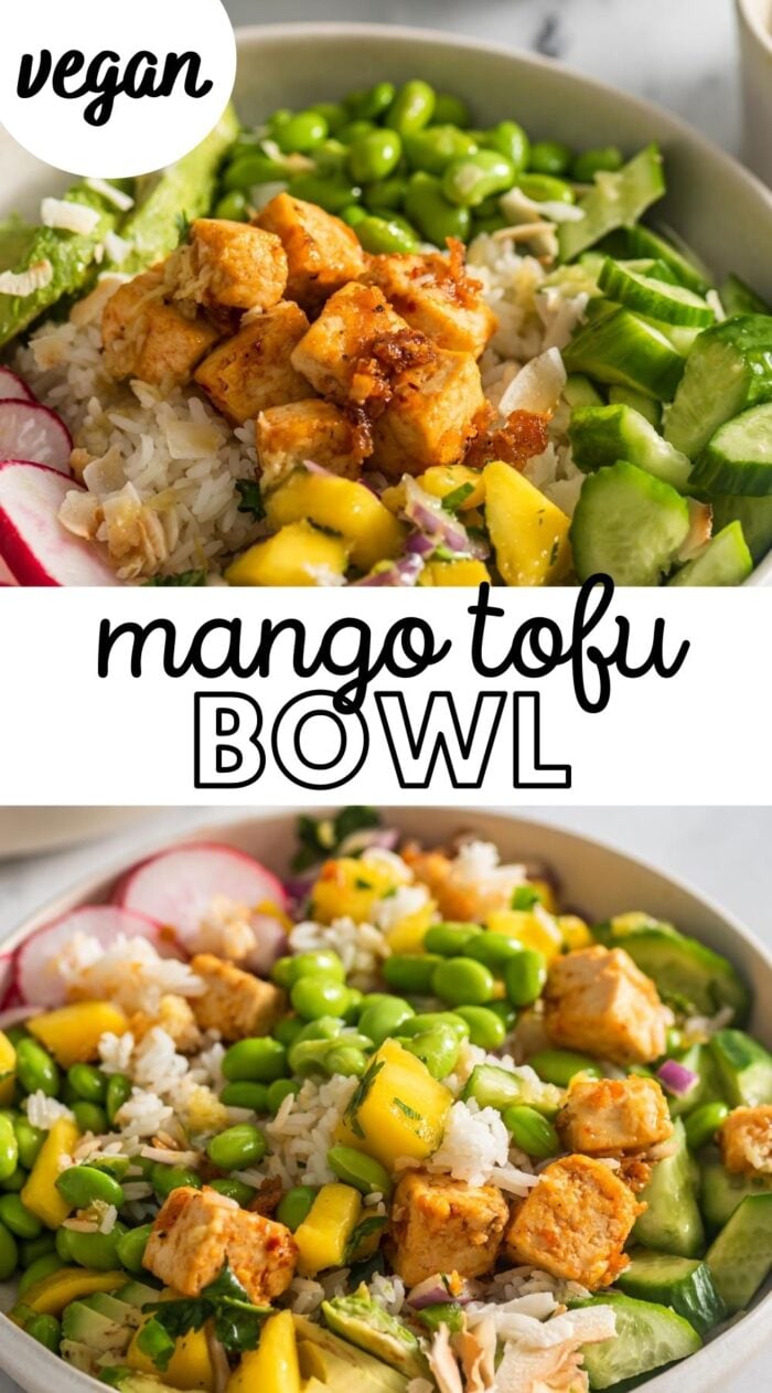 Pinterest graphic with an image and text for mango tofu bowl.