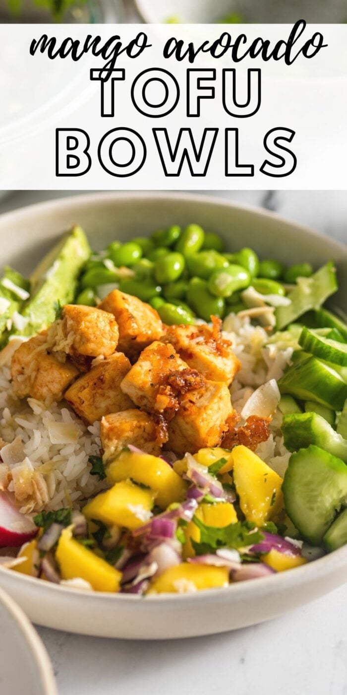 Pinterest graphic with an image and text for mango tofu bowl.