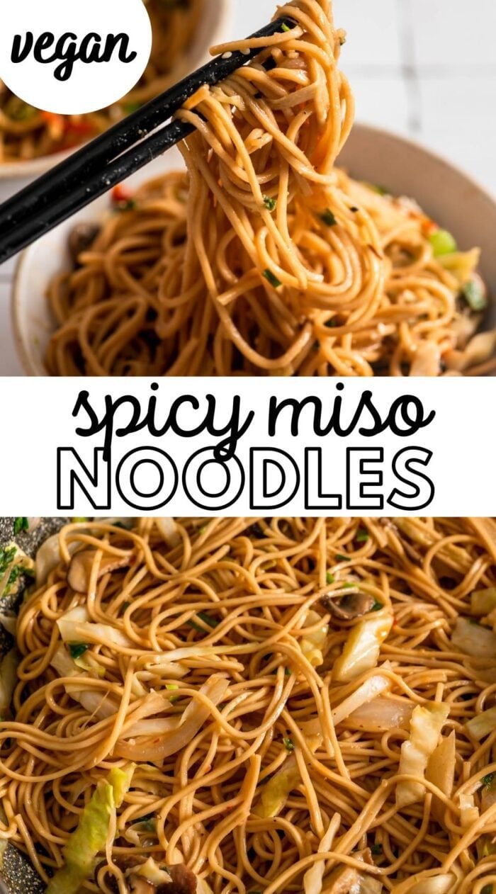 Pinterest graphic with an image and text for miso noodles.