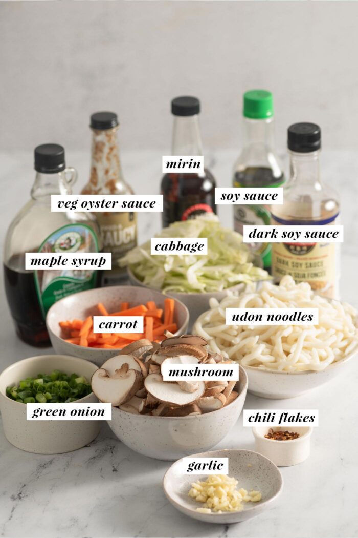 All the ingredients gathered for making a vegan udon noodle stir fry with vegetables. Each ingredient is labelled with text.