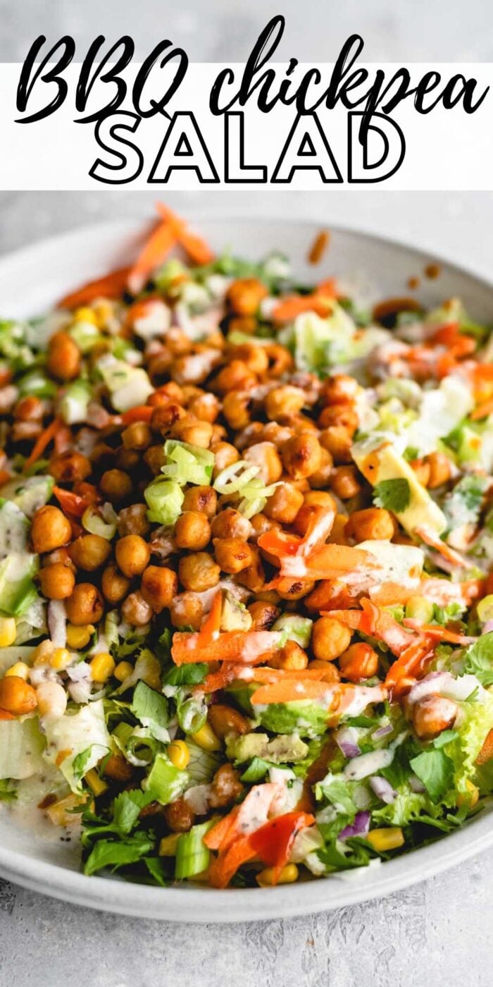 Pinterest graphic for a BBQ chickpea salad recipe with text and a picture of the salad.