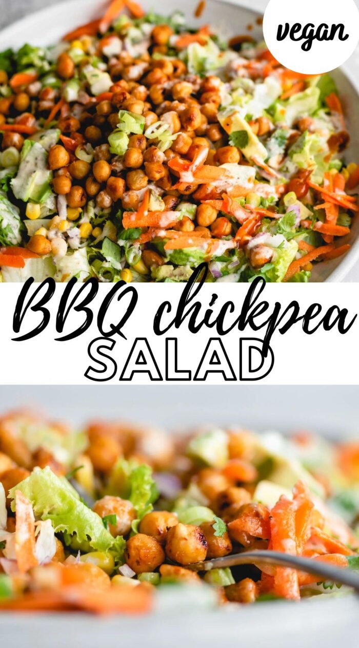 Pinterest graphic for a BBQ chickpea salad recipe with text and two images of the salad.