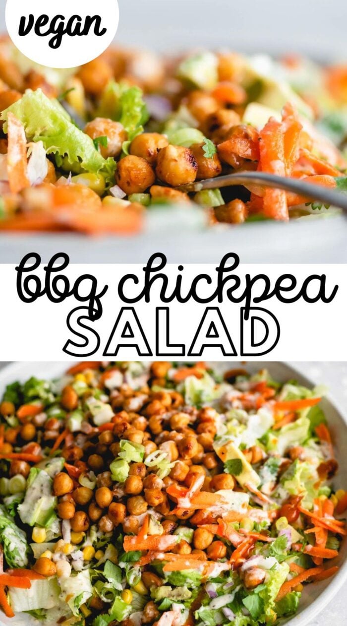 Pinterest graphic for a BBQ chickpea salad recipe with text and two images of the salad.