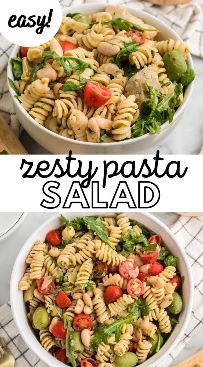 Two images of a cold pasta salad with text reading "zesty pasta salad".