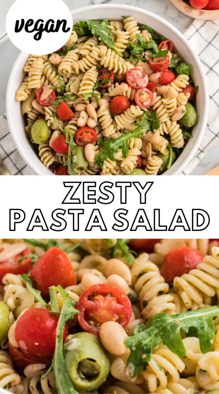 Two images of a cold pasta salad with text reading "zesty pasta salad".