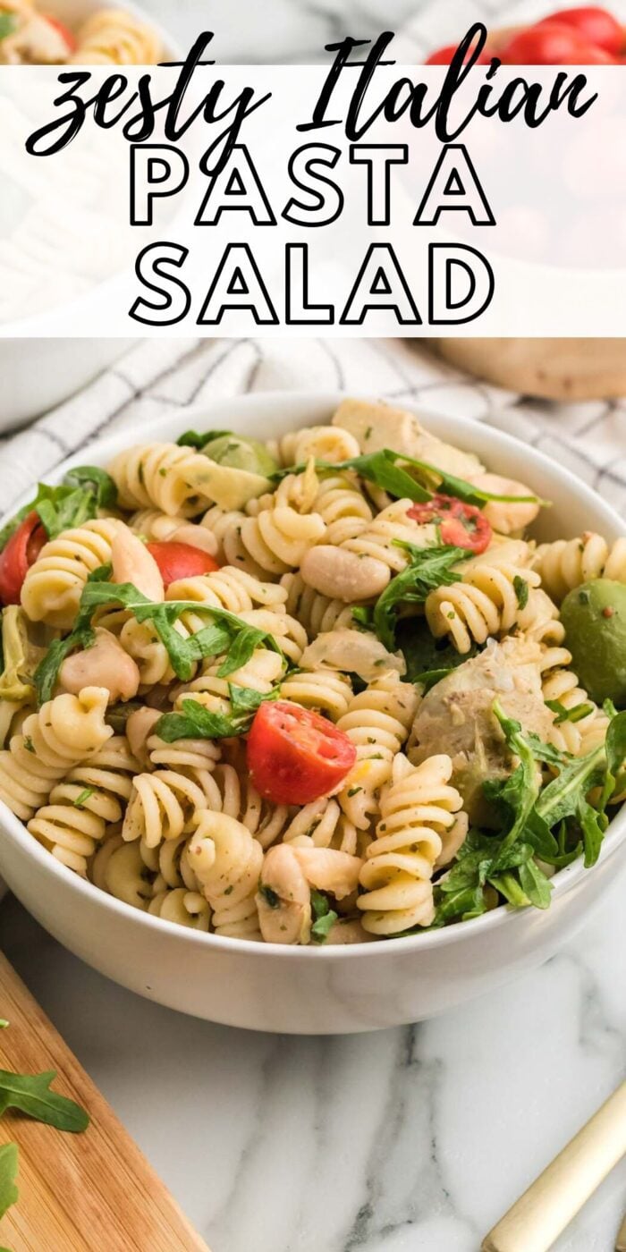 Image of a cold zesty pasta salad with text reading "zesty Italian pasta salad".