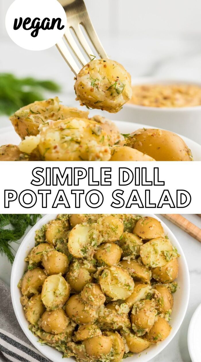 Two different images of a dill dijon potato salad in a bowl with text overlay reading "simple dill potato salad".