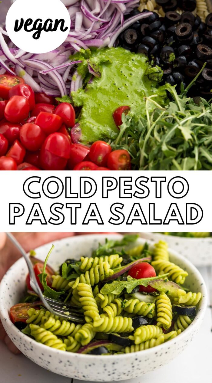 Two photos of pesto pasta salad in a bowls and text reading "cold pesto pasta salad".