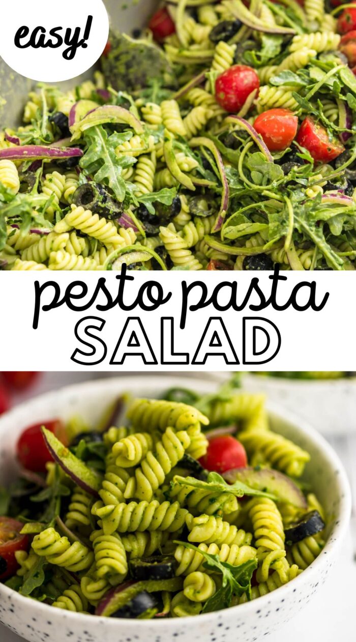 Two photos of pesto pasta salad in a bowls and text reading "pesto pasta salad".