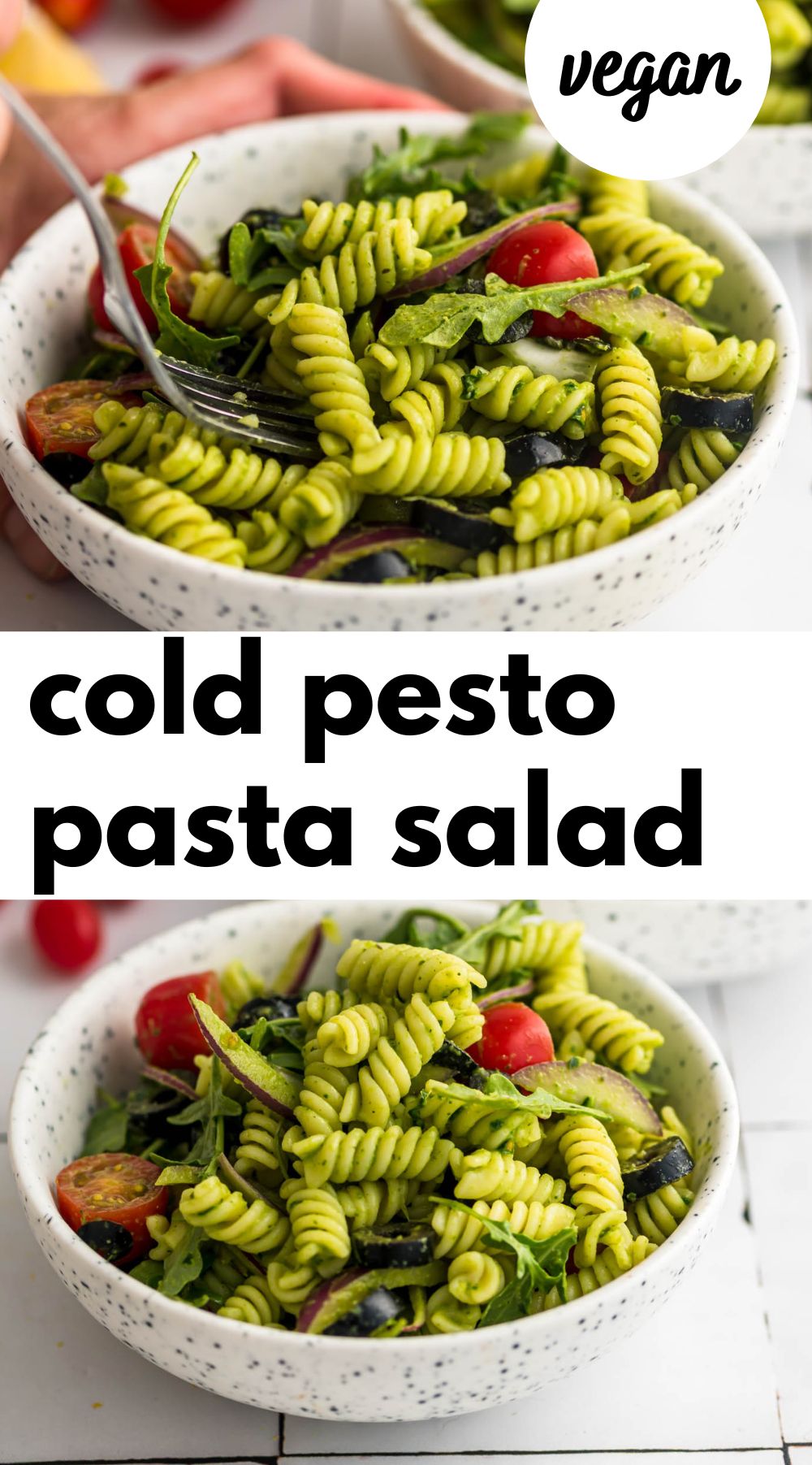 Two photos of pesto pasta salad in a bowls and text reading "cold pesto pasta salad".