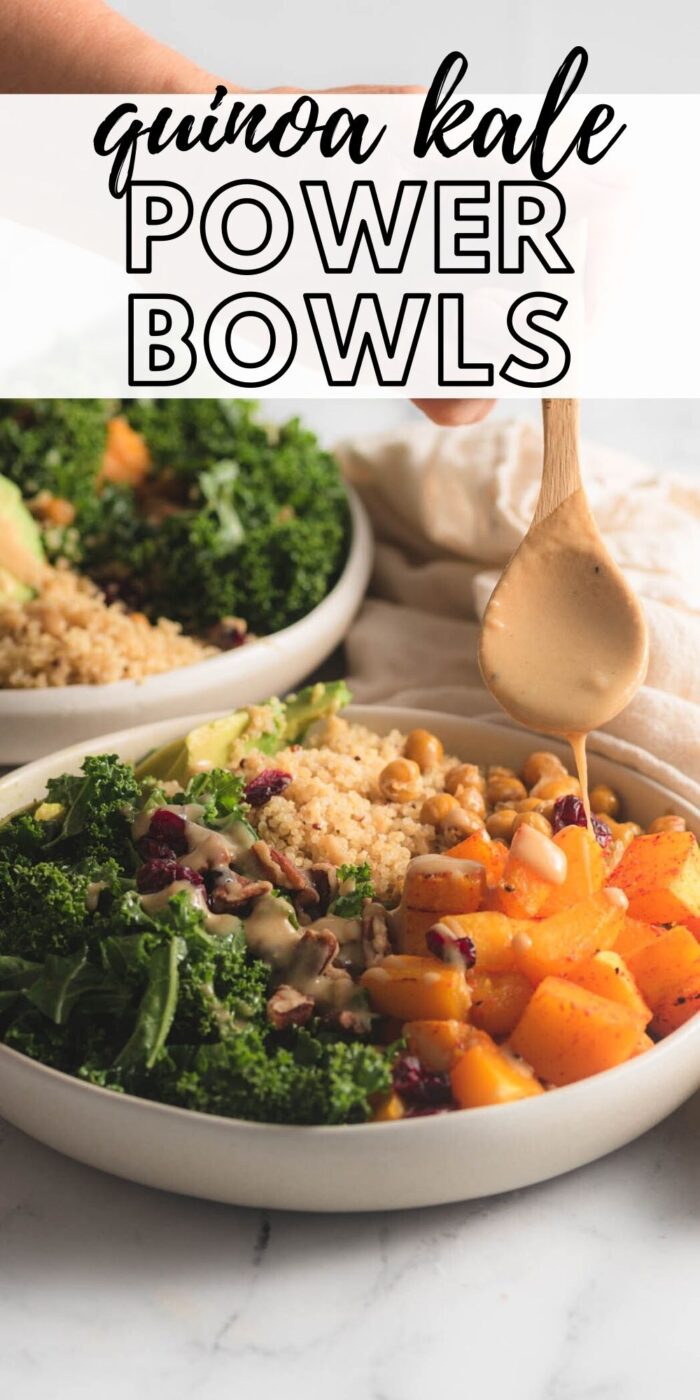 Quinoa power bowl with spoon drizzling dressing over it and text reading "quinoa kale power bowls".