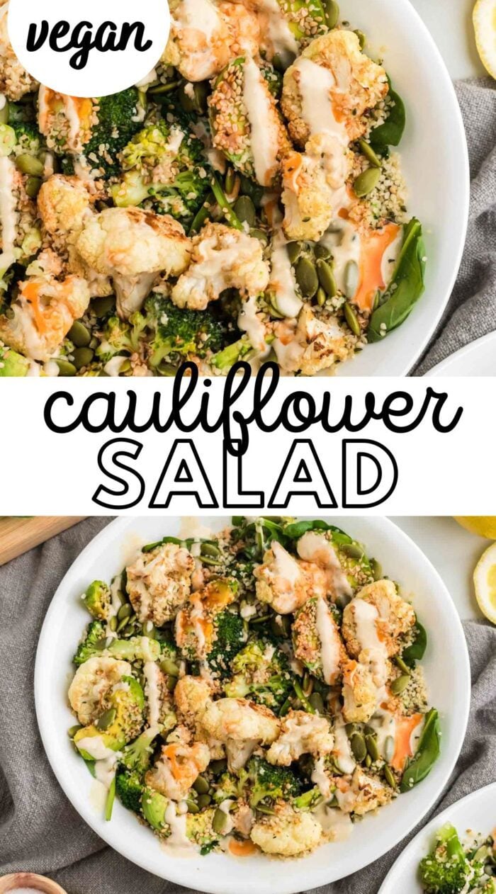 Two images of a bowl of cauliflower salad with broccoli and avocado. A text graphic reads 