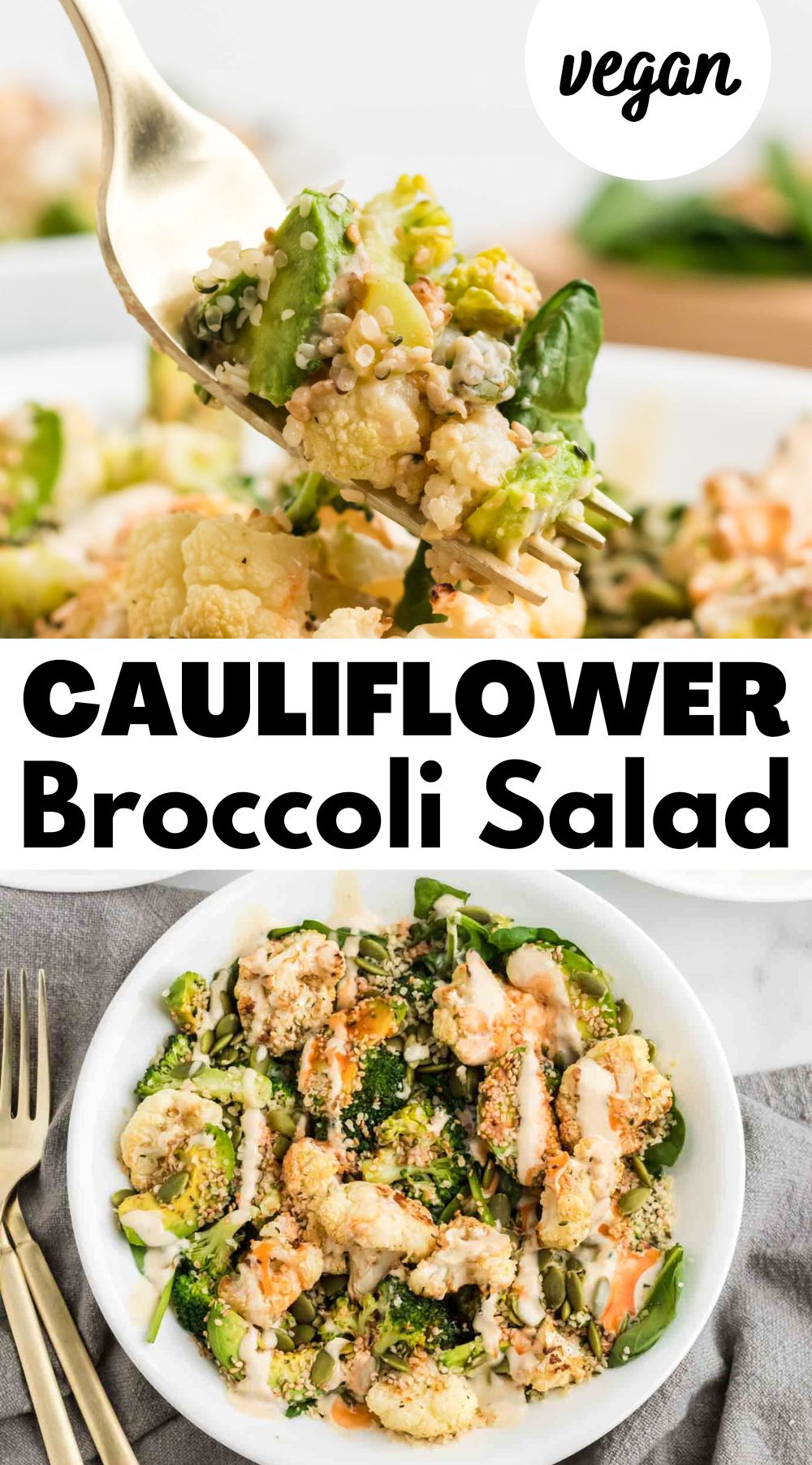 Two images of a bowl of cauliflower salad with broccoli and avocado. A text graphic reads "cauliflower broccoli salad".