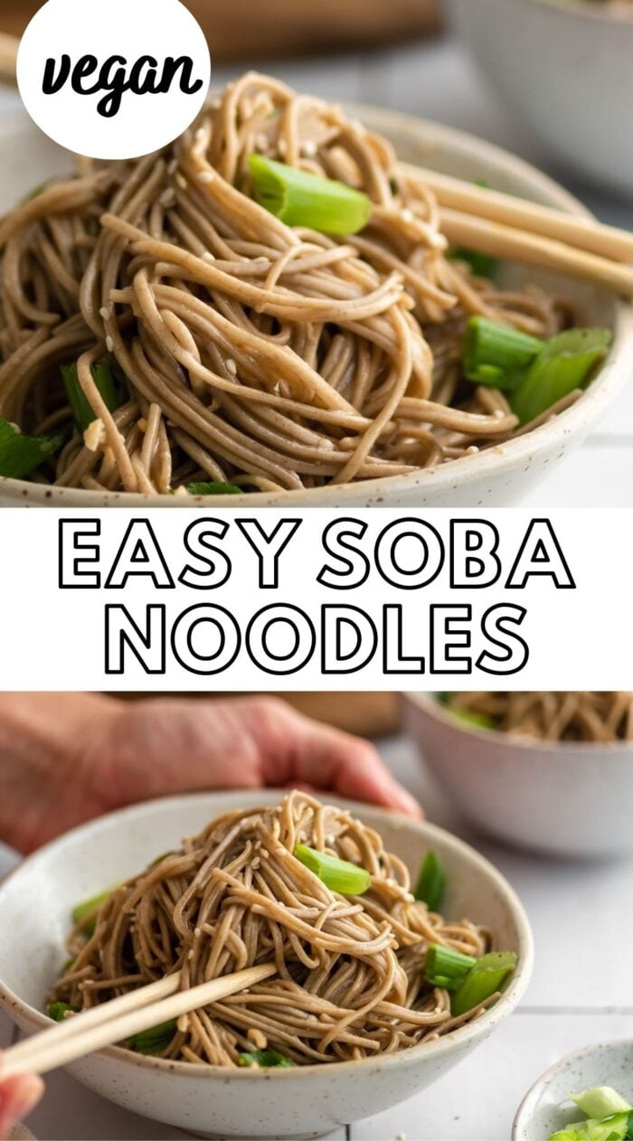 Pinterest graphic showing a soba noodle salad with text reading easy soba noodles.