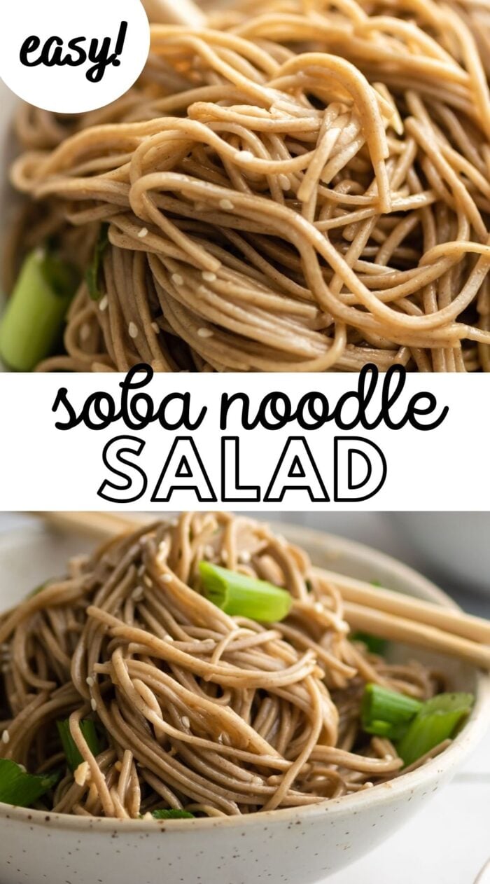 Pinterest graphic showing a soba noodle salad with text reading soba noodle salad.