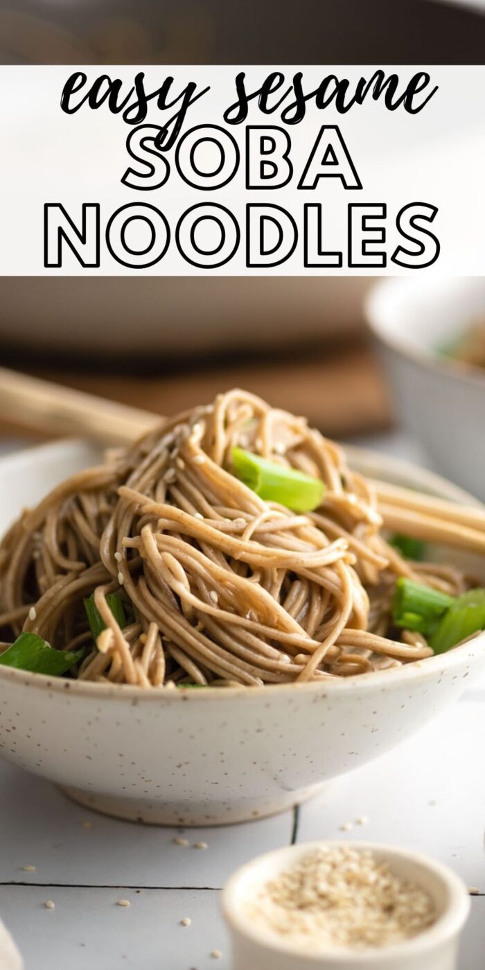 Pinterest graphic showing a soba noodle salad with text reading easy sesame soba noodles.