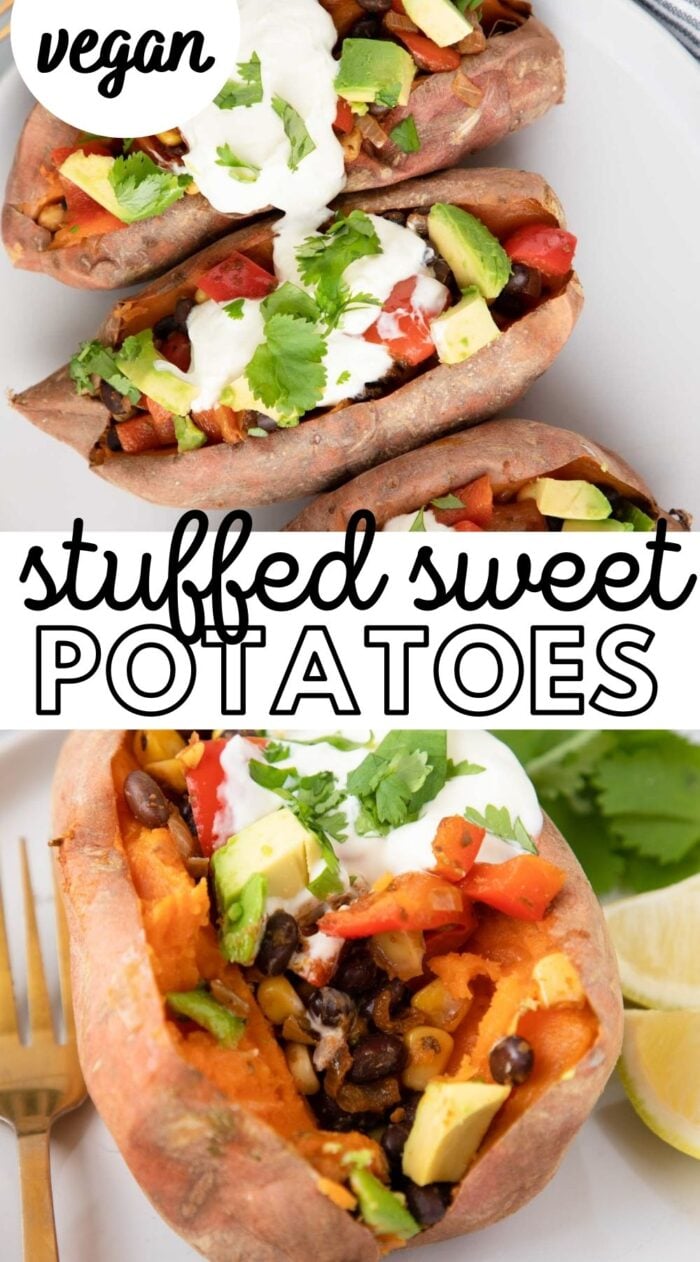 Two images of stuffed sweet potatoes with text that reads "sweet sweet potatoes".