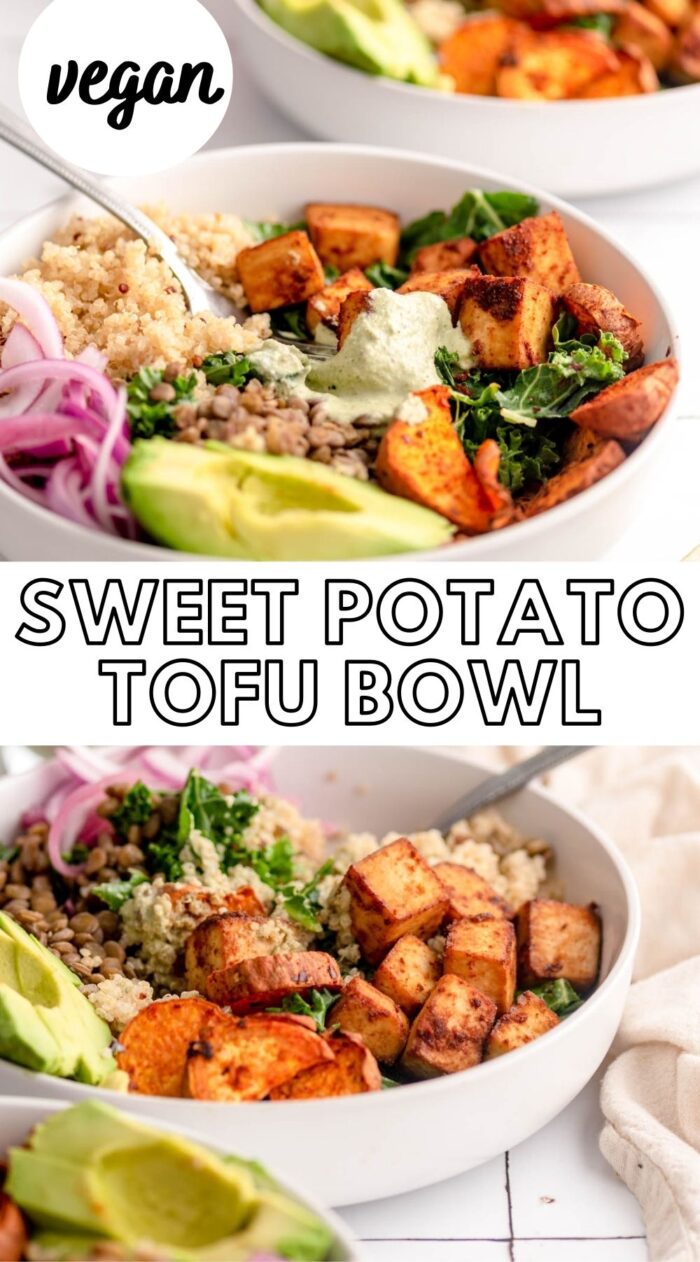 2 images of a sweet potato tofu quinoa bowl with a text graphic reading "sweet potato tofu bowl."