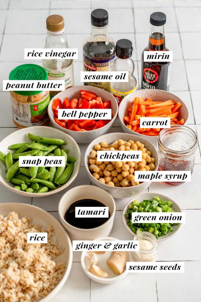 All of the ingredients gathered for making a teriyaki chickpea rice vegetable bowl. Each ingredient is labelled with text.