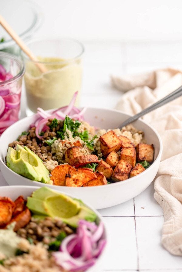 A colourful, healthy bowl with quinoa, tofu, sweet potato, lentils, avocado and kale.