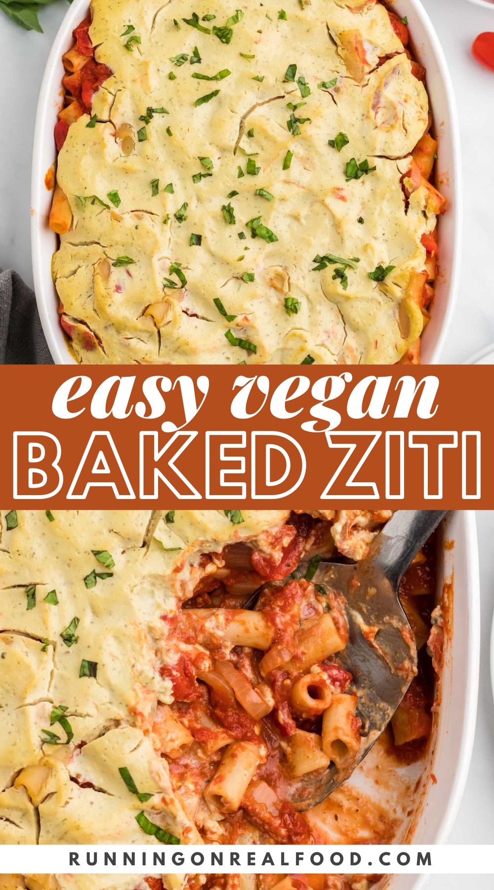 Two images of a baked ziti recipe with text reading "easy vegan baked ziti".