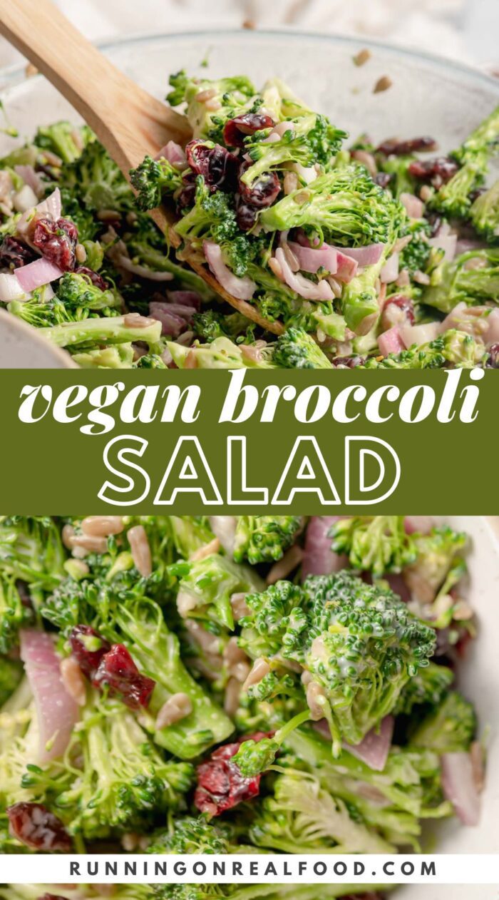 Two images of broccoli salad with cranberries with text reading "vegan broccoli salad".