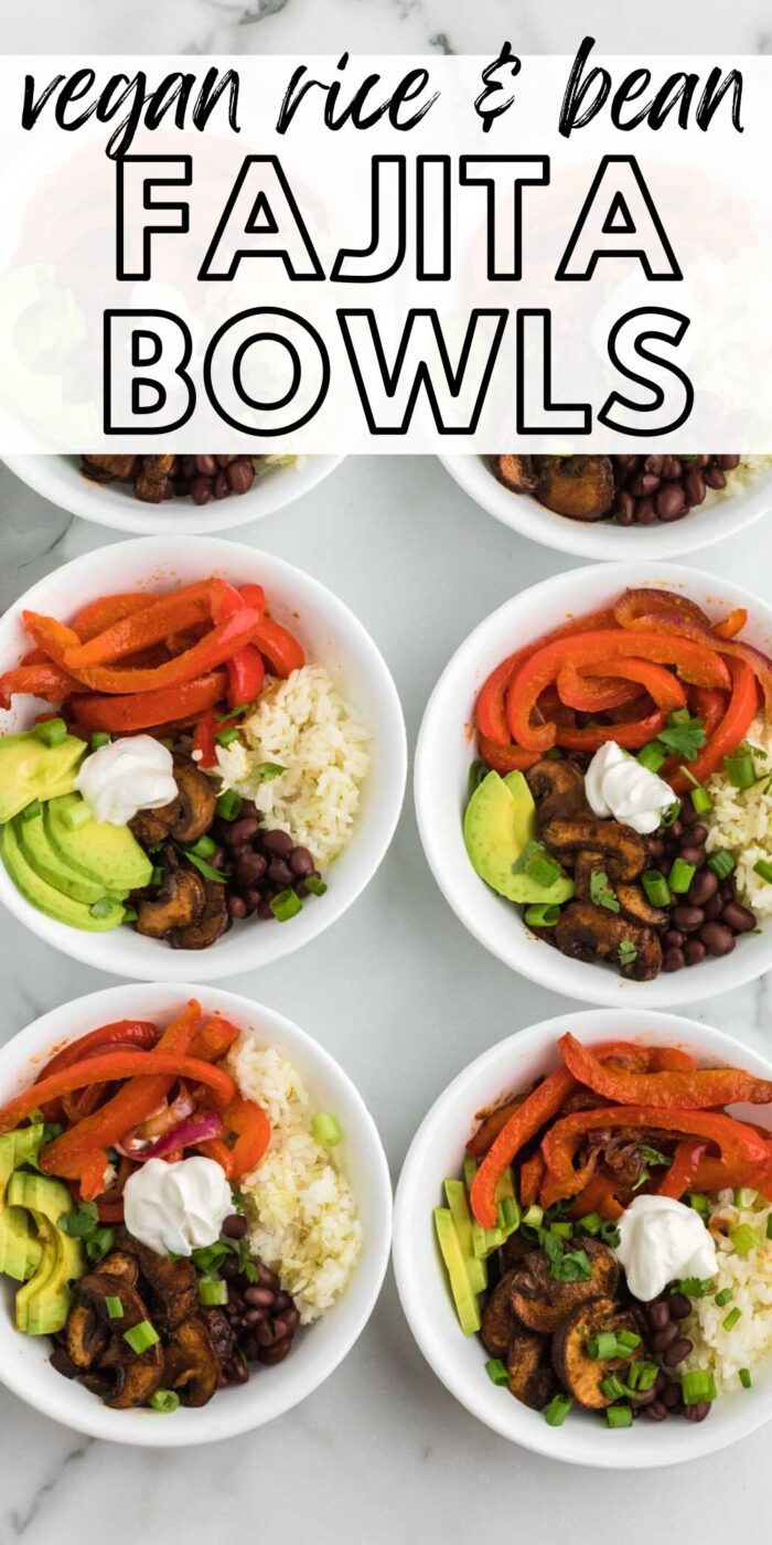 Image of 6 servings of vegetarian fajita bowl with peppers, onions and rice with text reading "vegan rice and bean fajita bowls".