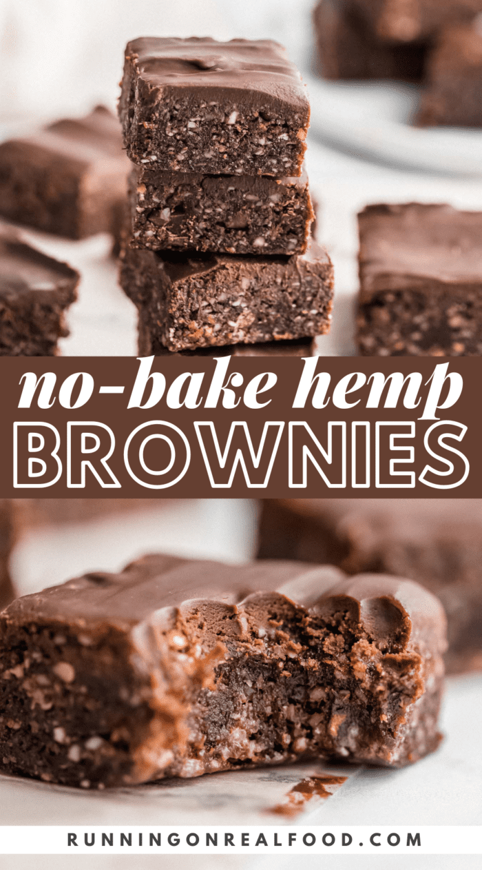 Two images of hemp seed brownies with text on the image reading "no-bake hemp seed brownies".