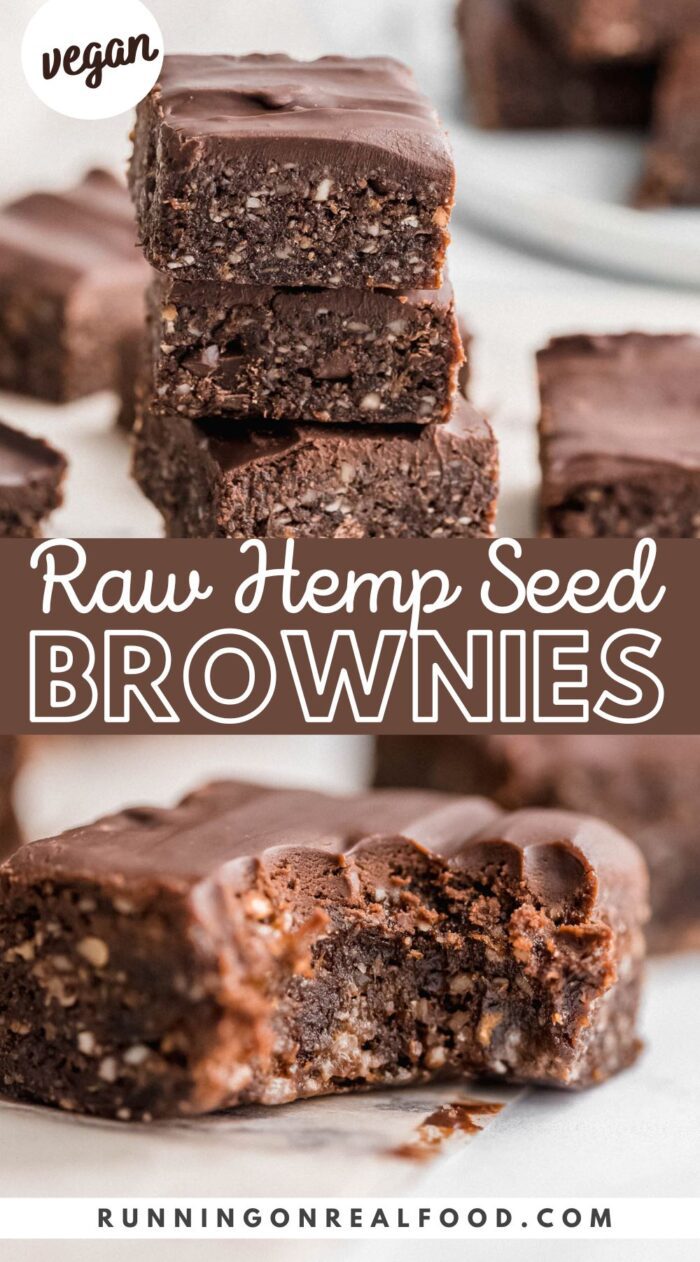 Two images of hemp seed brownies with text on the image reading "raw hemp seed brownies".