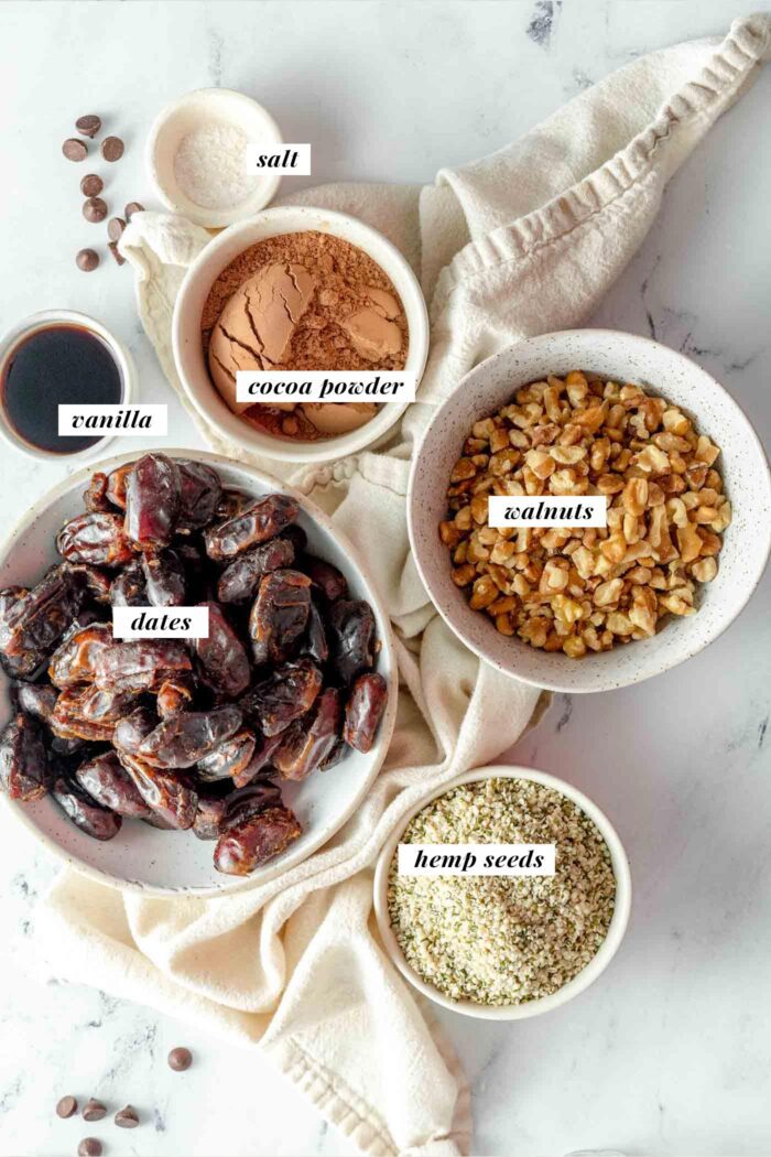 Hemp seeds, walnuts, cocoa powder, salt and vanilla in bowls. Each ingredient is labelled with text.