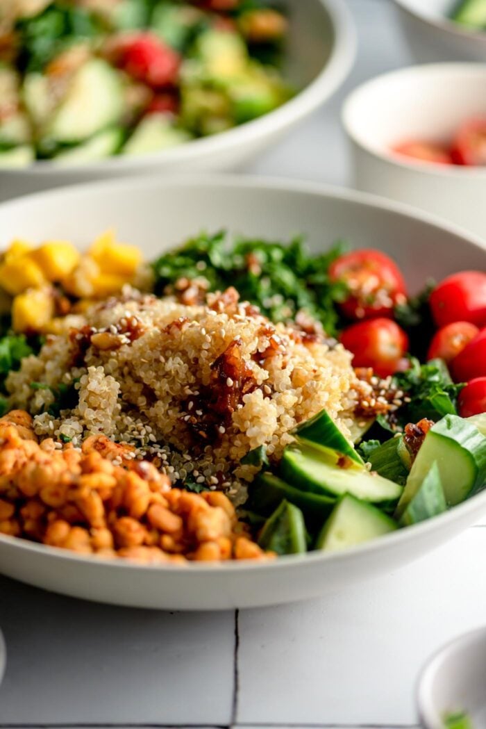 A healthy vegetarian quinoa grain bowl with avocado, mango, tempeh, cucumber, cilantro, tomato, green onion and shallot garlic dressing. A second grain bowl is in the background.