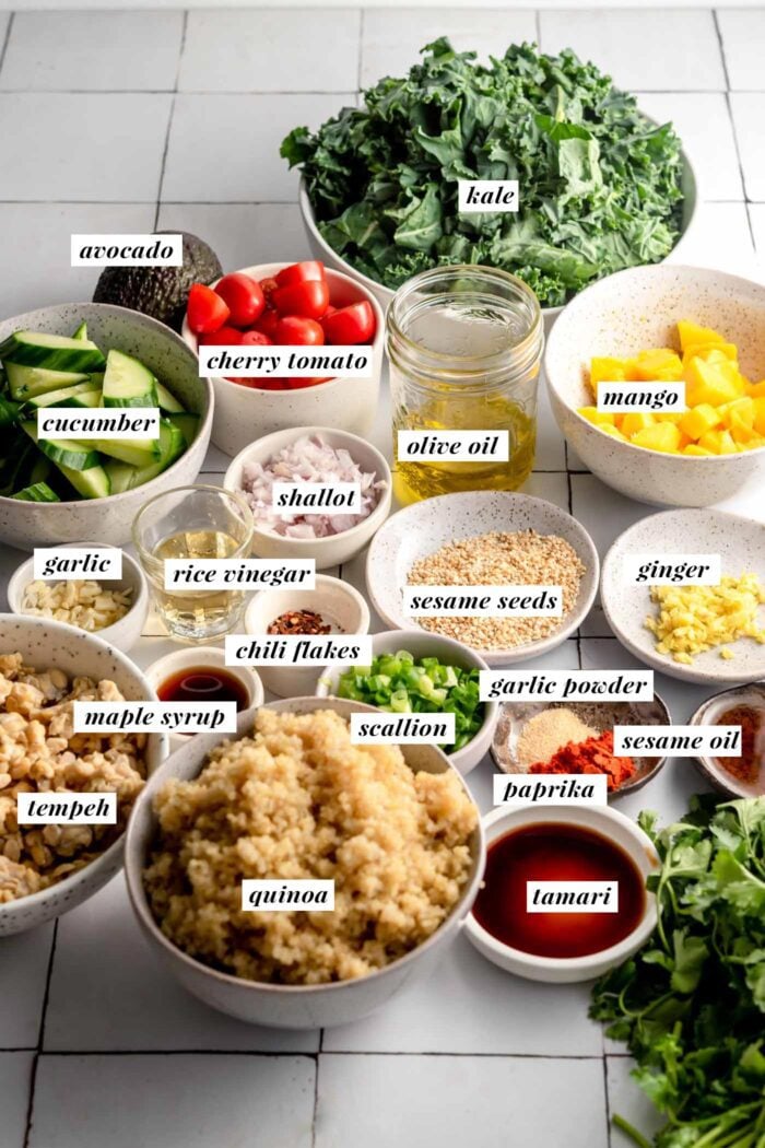 All of the ingredients for making a quinoa grain bowl recipe gathered in bowls. Each ingredient is labelled with text.