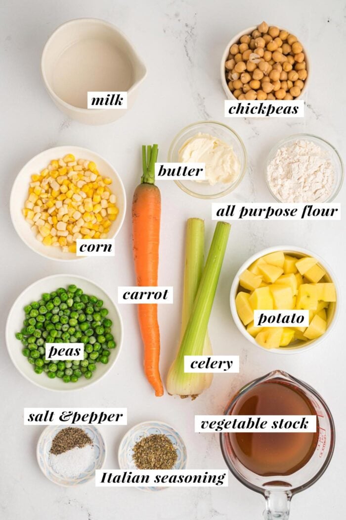 Ingredients gathered for making a vegetarian pot pie recipe. Each ingredient is labelled with text and the list can be found on the corresponding blog page.