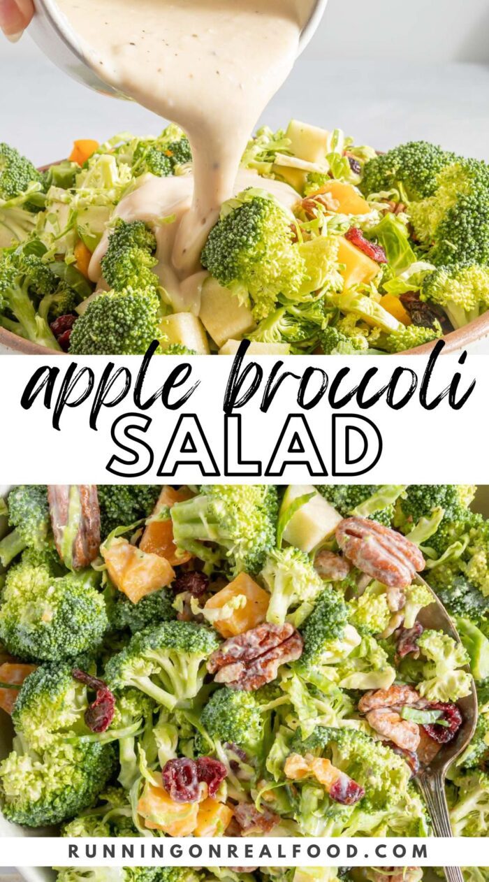 Pinterest-style graphic with an image and text for a broccoli apple salad.