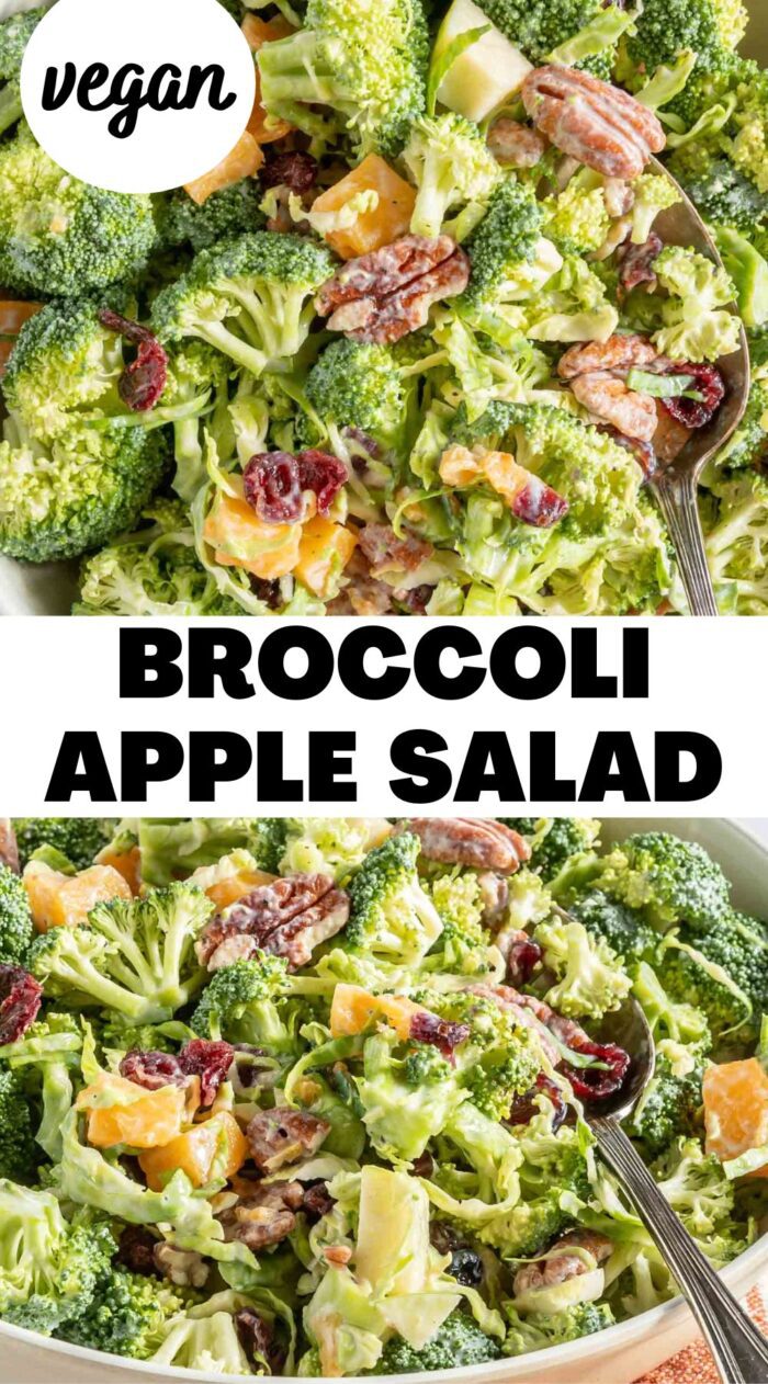 Pinterest-style graphic with an image and text for a broccoli apple salad.