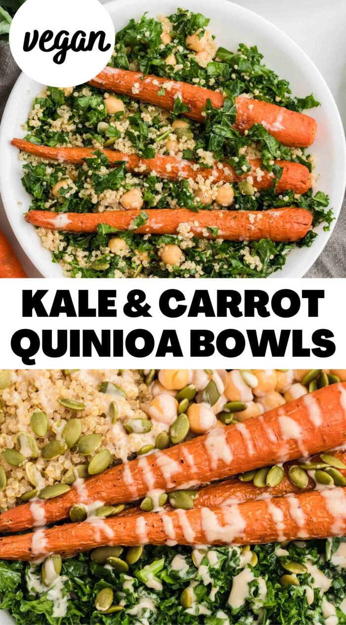 Pinterest-style graphic with an image and text for a vegan carrot, kale, chickpea and quinoa salad recipe.