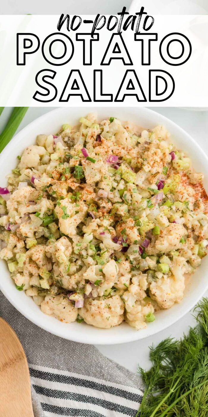 Pinterest-style graphic with an image and text for a vegan mock no-potato cauliflower potato salad recipe.