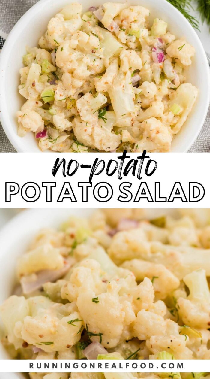 Pinterest-style graphic with an image and text for a vegan mock no-potato cauliflower potato salad recipe.