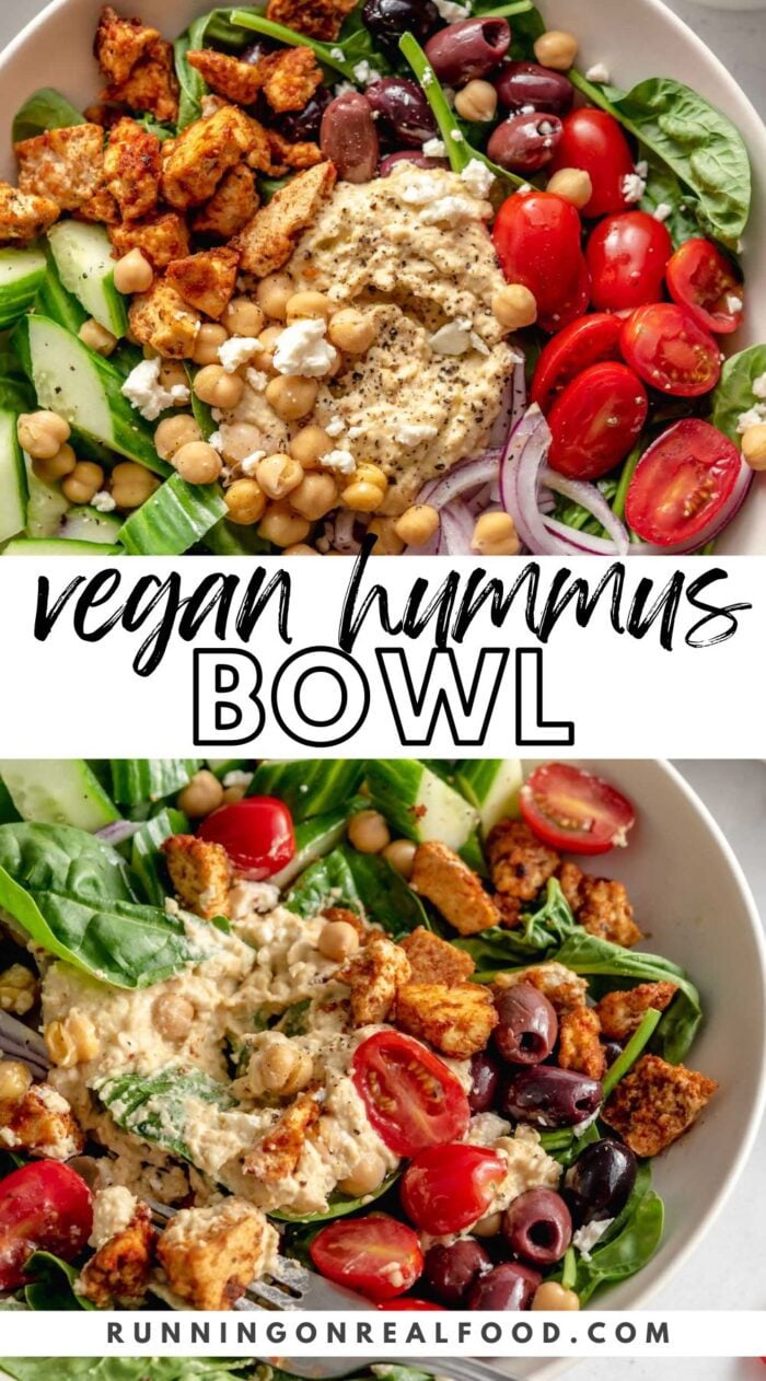 Pinterest graphic for a hummus bowl with two images of the recipe with text reading "vegan hummus bowl".
