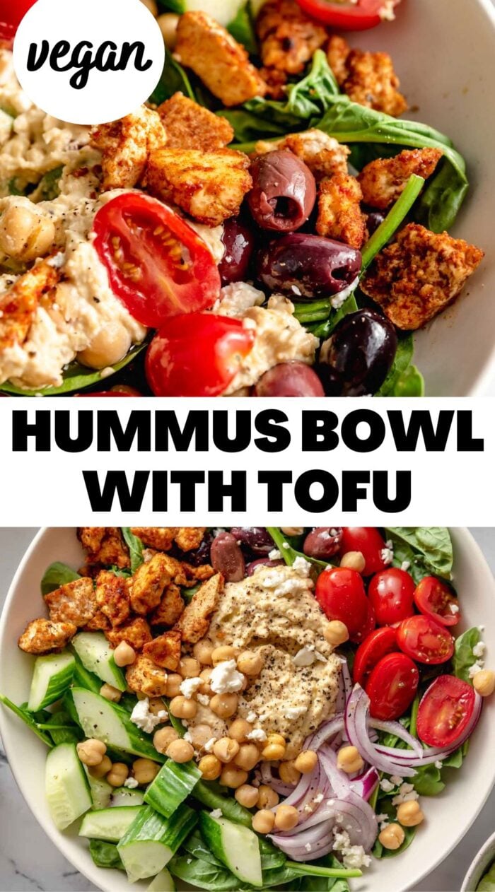 Pinterest graphic for a hummus bowl with two images of the recipe with text reading "hummus bowl with tofu".