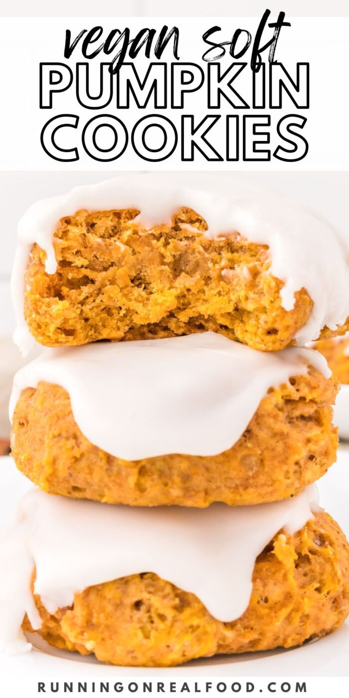Pinterest-style graphic with an image of a stack of soft vegan pumpkin cookies with icing and text reading "soft pumpkin cookies".