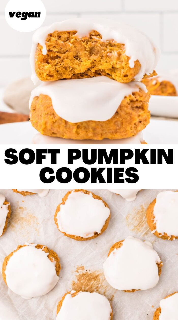 Pinterest-style graphic with two images of soft vegan pumpkin cookies with icing and text reading "soft pumpkin cookies".
