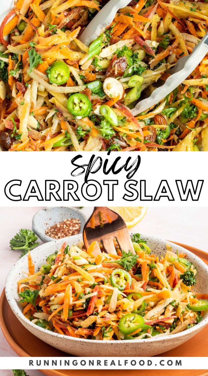 Pinterest-style graphic with an image and text for a vegan spicy carrot slaw recipe.