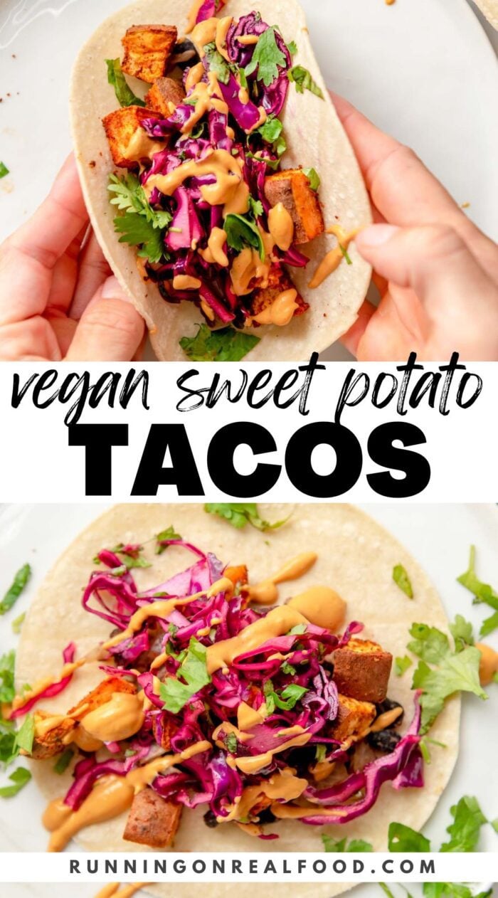 A Pinterest-style graphic with 2 different photos of a sweet potato and black bean taco and text reading "vegan sweet potato tacos."