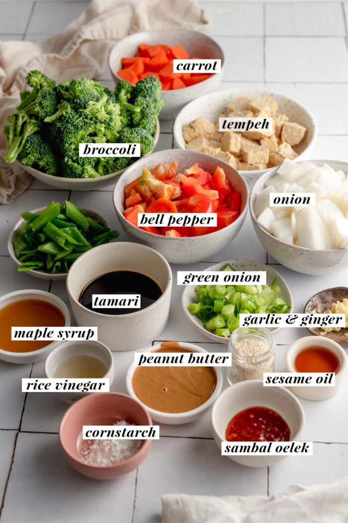 All the ingredients for a vegetarian tempeh stir fry recipe with homemade stir fry sauce gathered in bowls and labelled with text. The ingredient list can be found in the corresponding article.