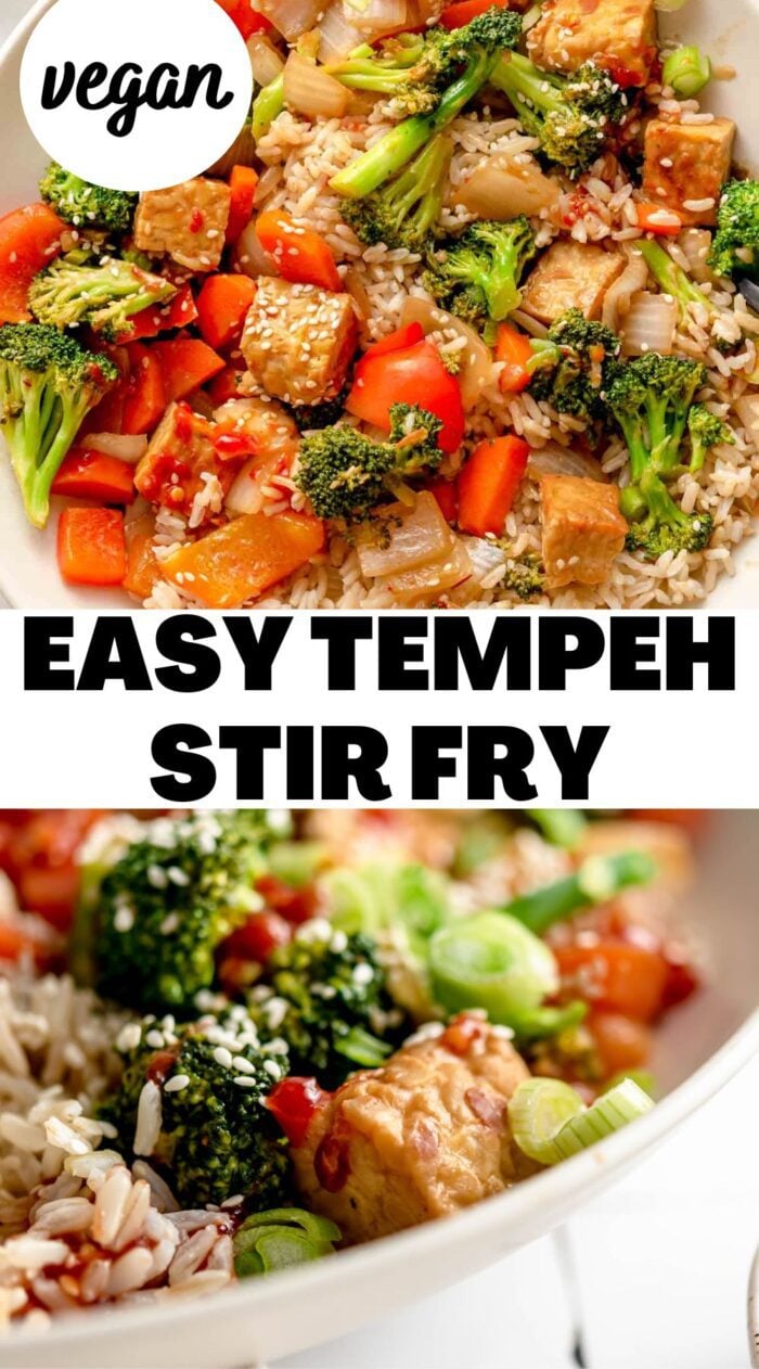 2 photos of a tempeh stir fry with a text header reading "easy tempeh stir fry."