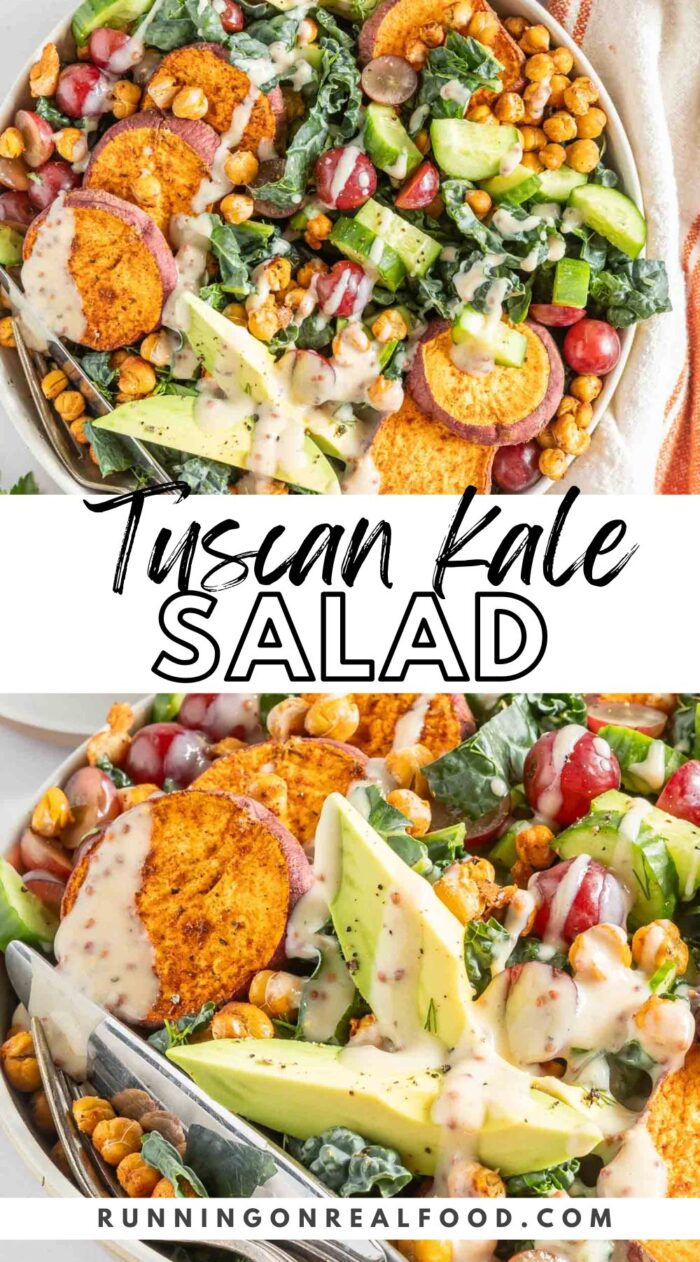 A Pinterest graphic with 2 images of a kale salad and text reading "Tuscan kale salad" in between the images.