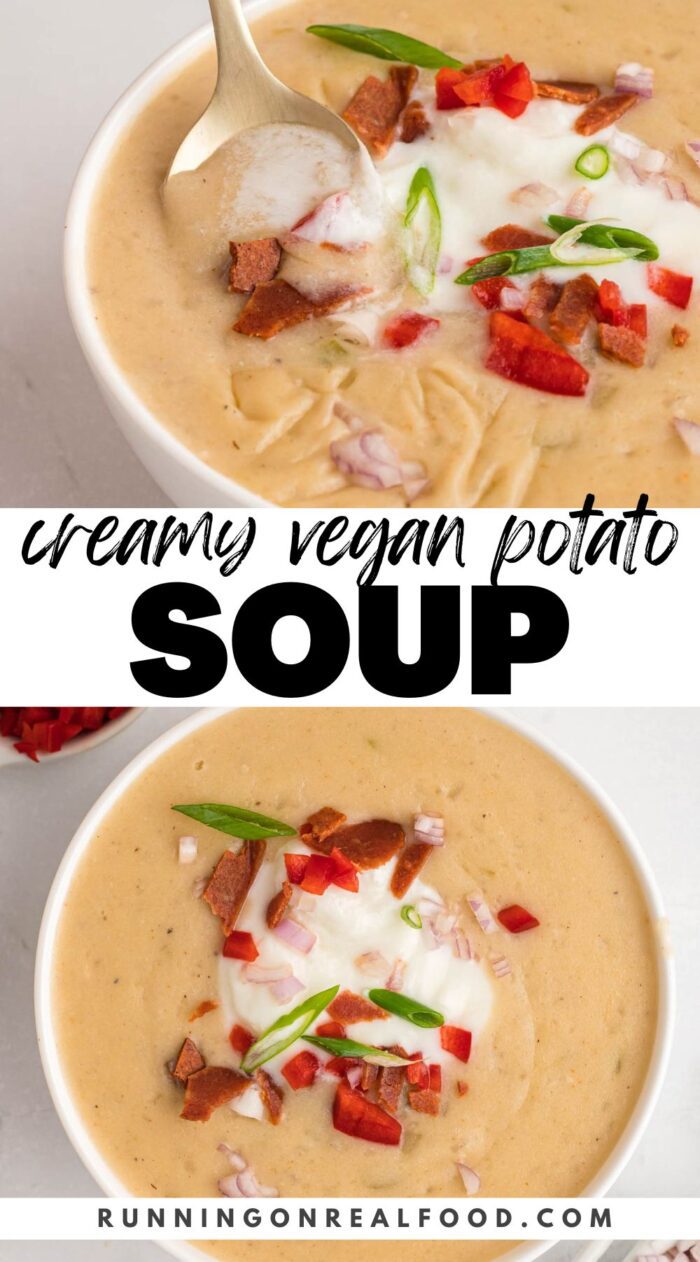 Pinterest-style graphic with text reading "creamy potato soup" and two images of bowls of potato soup.