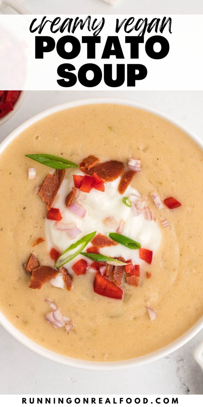 Pinterest-style graphic with text reading "creamy potato soup" and an image of a bowl of potato soup.