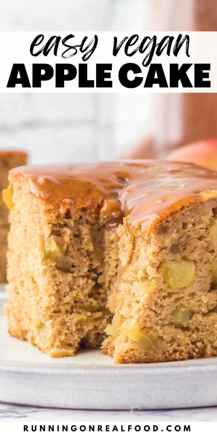 A Pinterest-style graphic with an image of a large square of vegan apple cake and text overlay reading "easy vegan apple cake".
